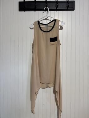 VLD Tan Sleeveless Handkerchief Hem Tunic Blouse Black Trim L/XL